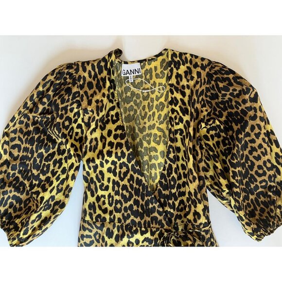 Ganni Bijou Leopard Cotton Wrap Dress Yellow Size 38/ US 6 - Picture 7 of 9
